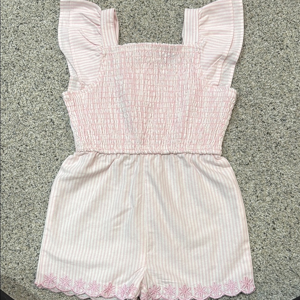 Draper James Pink Striped Smocked Romper with Floral Hem